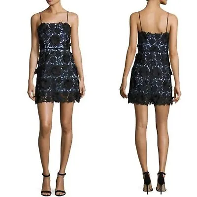 Milly Sleeveless 3D Floral Lace Mini Dress In Black/Sky Size 6 • $175