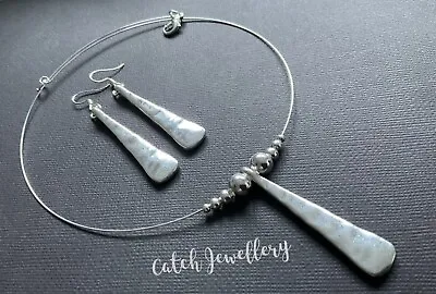 Hammered SILVER Long Pendant Choker Necklace And Earrings Boho • £4.49