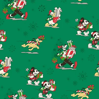 BTY Disney Mickey Mouse & Friends Goofy Pluto Christmas Day Green Cotton Fabric • $9.96