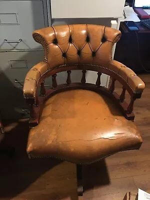 Light Brown / Beige Leather Antique Captains Swivel Office Chair #2 • £150