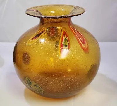 Large Italian Millefiori Murano Studio Amber Art Glass Vase 9''H • $100