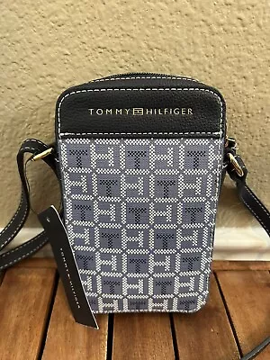 Tommy Hilfiger Blue & White Checked Monogram Crossover Bag Wallet Clutch • $39.99