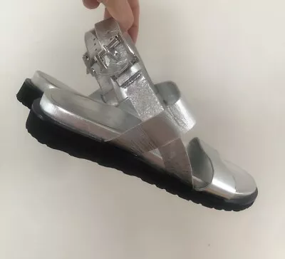 John Lewis Anyday Silver Flat Buckle Sandals  - Size 6 / EU 39 • £26