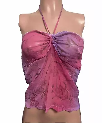 Y2K Vintage 2 K Sheer Floral Crinkled Halter Top M Drawstring Pinched Cami Top • $18