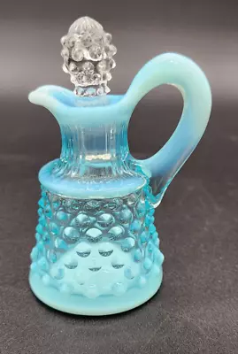 Fenton Art Glass Blue Opalescent Hobnail Oil / Vinegar Cruet Decanter Bottle • $19.95