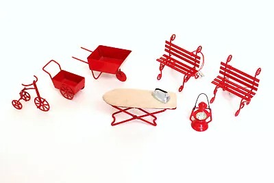 Group Of Vintage Red Metal Dollhouse Miniatures (Wheelbarrow Benches Bike Etc.) • $20