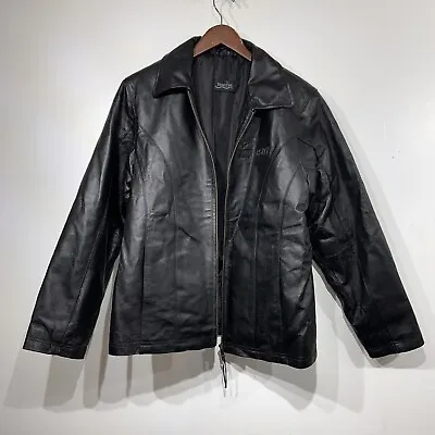 Vintage Burk's Bay Leather Jacket Embossed John Deere University Black Size L • $42.59