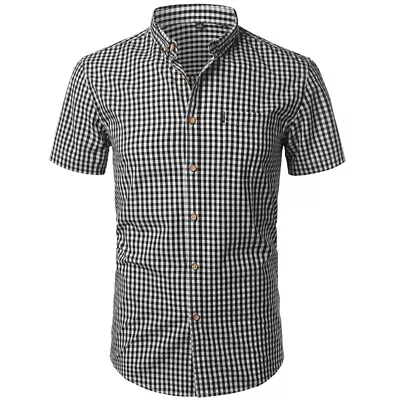 Men Plaid Button Down Shirt  New Short Sleeve Work Tops Slim Fit Casual Checks • £11.99