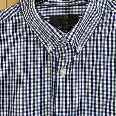 M&S Blue Green Check Oxford Shirt Size Large Tailored Long Sleeve - 2” Shorter • £3.49