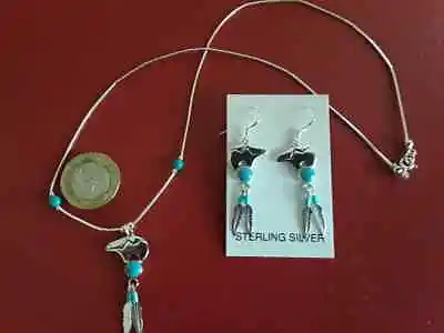 Silver Zuni Bear Earrings & Necklace With Turquoise Beads & Silver Feathers  • £33.50