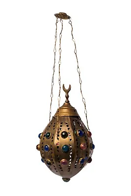 Vintage Moroccan / Turkish Pierced Brass Hanging Jeweled Lantern Lamp Bohemian • $110