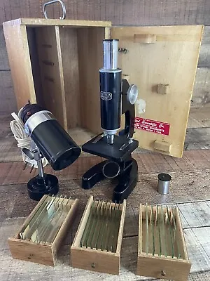 Vintage Unitron 300X Microscope Kit With Slides And Extra Lens In Wooden Box • $103.96