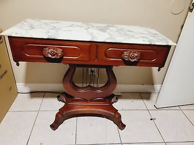 Victorian Solid Genuine Mahogany Harp Base With Marble Top Console Table • $449.96