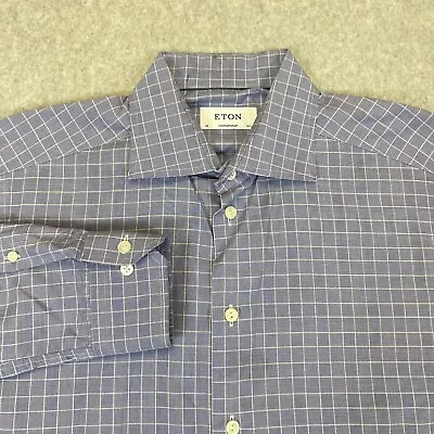 ETON Dress Shirt Men's 16.5-42 Blue Check Long Sleeve Contemporary Button Up • $27.44