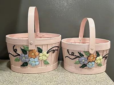 2 Vintage Wood Painted Pink Baskets Textured Flowers Handles 7.5” 8.5” Wide VGC • $16