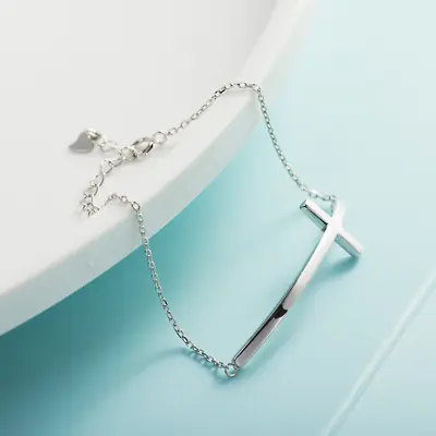 Women Sideways Cross Bracelet S925 Sterling Silver Minimalistic 8  Gift PE3 • $24.75