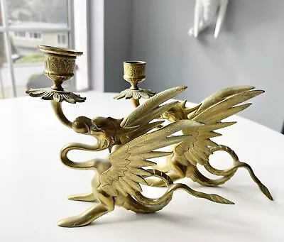 $99.99 • Buy Vintage Winged Griffin Dragon Brass Candlestick Holder Pair