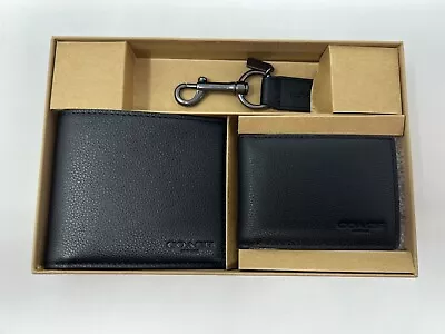 New Coach Men's 3 In 1 Compact ID Leather Wallet With Key Fob F64118 In Gift Box • $99