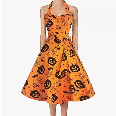 New TOPDRESS Vintage Halloween Halter Dress Sz S Orange Pumpkin Outfit Costume • $24.90