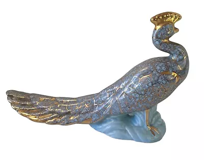 $14.99 • Buy Vintage Ceramic Peacock Figurine Blue Base Gold Crackle Finish Gold Crown 