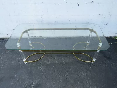 Hollywood Regency Lucite And Brass Finish With Glass Top Coffee Table 9664 • $495