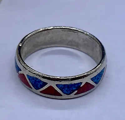 Vintage Silver Men's Ring Coral Turquoise Inlay Band Southwestern Size 11.25 • $45
