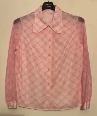 Vintage 70s M&S Pale Pink Beagle Penny Collar Sheer Balloon Sleeve Blouse 16 • £17