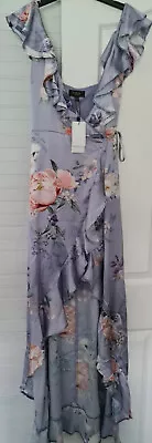 £35 • Buy Lipsy @ Next Size 8 Leona Lilac Floral Satin High Low Wrap Frill Maxi Dress NWT