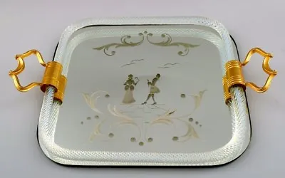 Murano Italy Rectangular Tray With Mirrored Plate Floral Pattern • $670