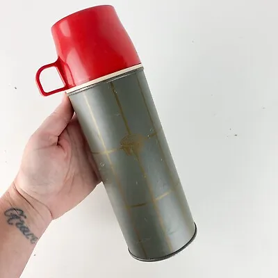 Vintage Gray W Gold Print Red Cup Metal Mercury Glass Thermos Vacuum Bottle • $19.36