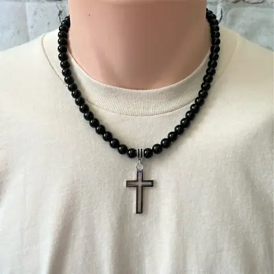 Silver Cross Black Onyx Mens Beaded Necklace • $30