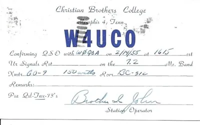 QSL 1955 Memphis TN Christian Brothers College Radio Card • $5.52