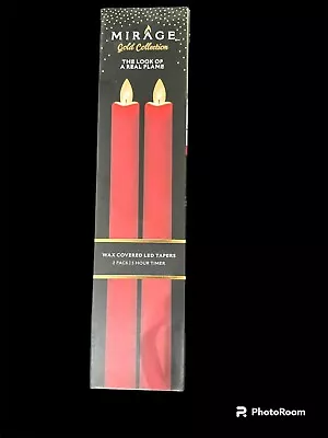 Mirage RED LED Flameless Taper Candles Wax Covered 9  2 PACK Battery Operated • $24.95