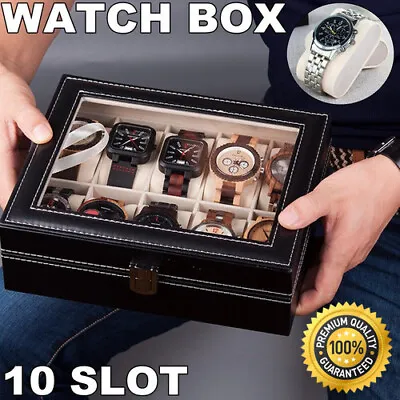 10 Grids Mens Watch Storage Case Display Box Jewelry Organizer Leather Glass Top • £10.99