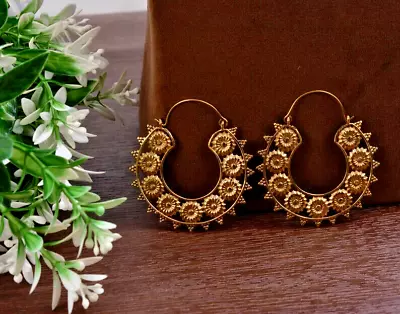 Large Brass Tribal Gypsy Ethnic Mandala Earrings Boho Gold Plated Moroccan Hoops • $14.93