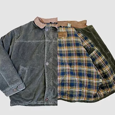 Vintage Retro 90s Mens Green Corduroy Field Coat Plaid Cotton Lined XL Buttons  • $49.99