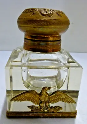 Vintage Crystal Square Glass Inkwell Flip Top & Brass Eagle • $45