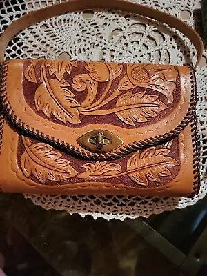Womens Purse Brown Leather Floral Hand Tooled Western Vintage Hand Bag • $60