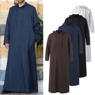 Mens Saudi Jubba Dishdasha Muslim Long Sleeve Hooded Kaftan Long Maxi Thobe Tops • $22.55