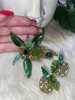 Miriam Haskell Extraordinary Huge Green Glass Whimsical Brooch Earring Set! • $999