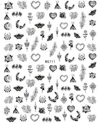 £2.65 • Buy Nail Art Stickers Decals Transfers Black Heart Butterfly Rose (WG711)