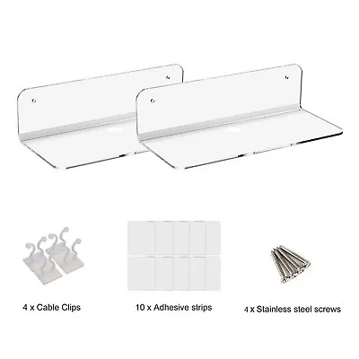 2x Clear Acrylic Self Adhesive Floating Wall Shelves Display Shelf W/Accessories • £11.99