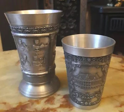 2 Vintage Zinn Pewter  Raised Panel German Scene Cups • £9.90