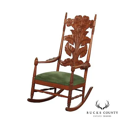 Art Nouveau Antique Peace Lily Carved Oak Rocking Chair • $1495
