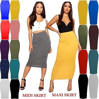 Womens Plain Jersey Bodycon Tube Long Maxi Skirts Ladies Midi Pencil Skirt 6-14 • £6.49