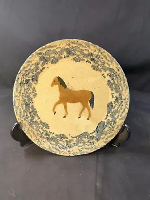 Vintage Hand Painted Horse Pottery Plate Bellbrook Ohio Sponge Blue Signed ? 87 • $12