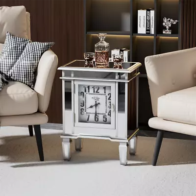 Mirrored Side Table Silver Clock End Table For Hallway Living Room Bedroom Sofa • $125.90
