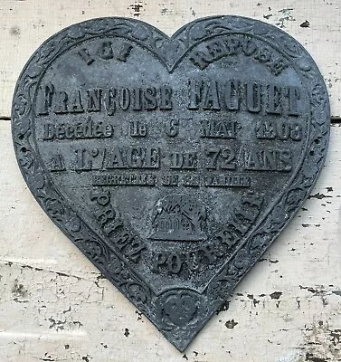 Vintage 1908 Metal Heart Shaped French Cemetery Grave Marker Memorial Plaque • $74.99