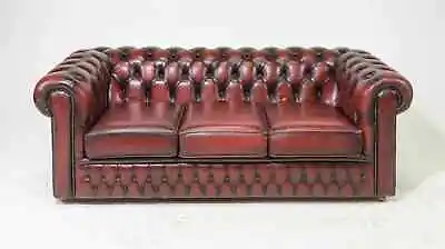 Sofa Chesterfield British Red Leather Button Tufted 3- Seater From England • $2875