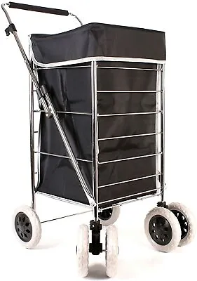 Premium 6 Wheel Swivel Shopping Trolley With Adjustable Handle Folding Flat Cage • £60.50